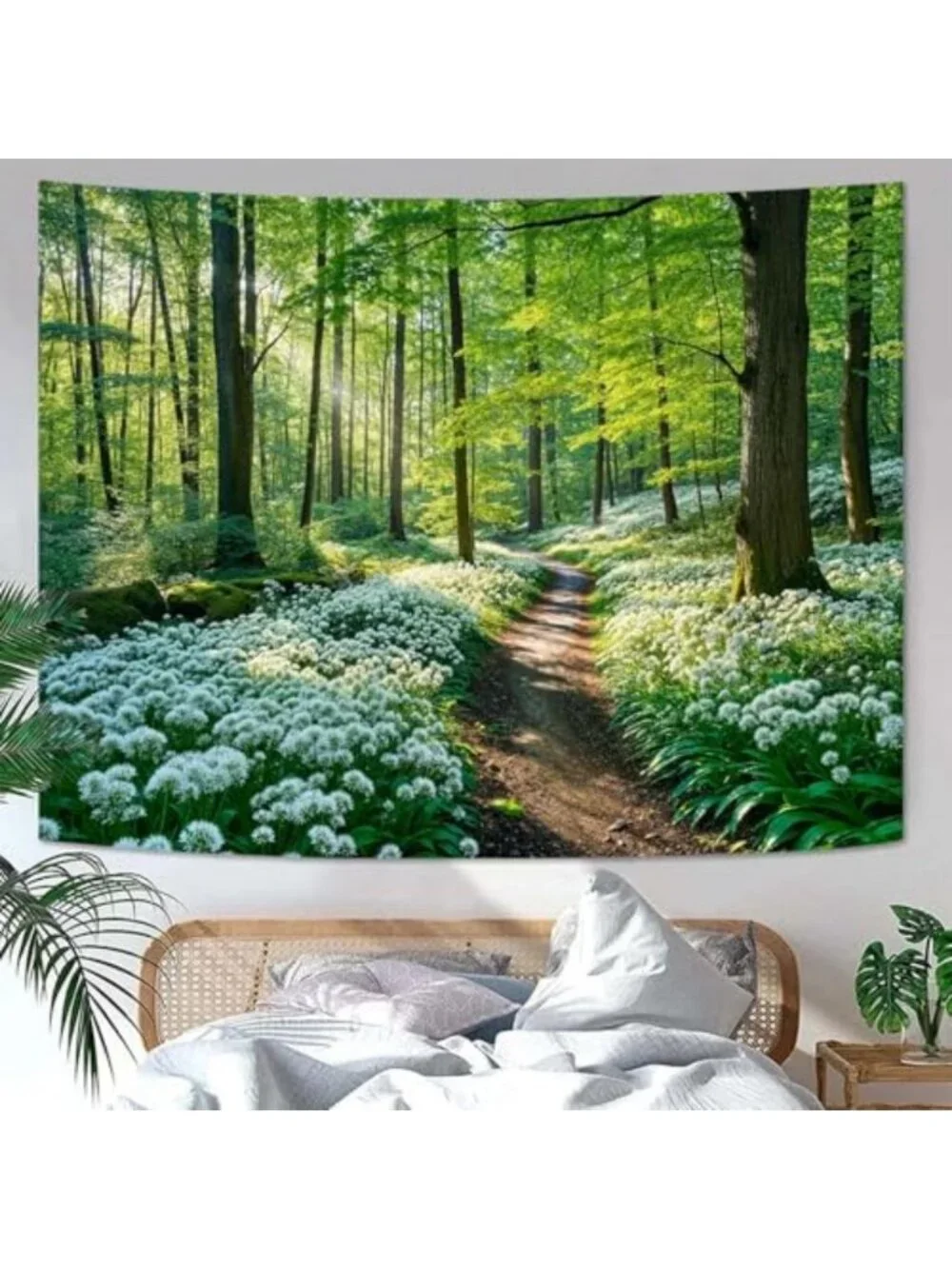 Large Nature Forest Tapestry - Green Tree & White Flower Wall Art for Aesthetic